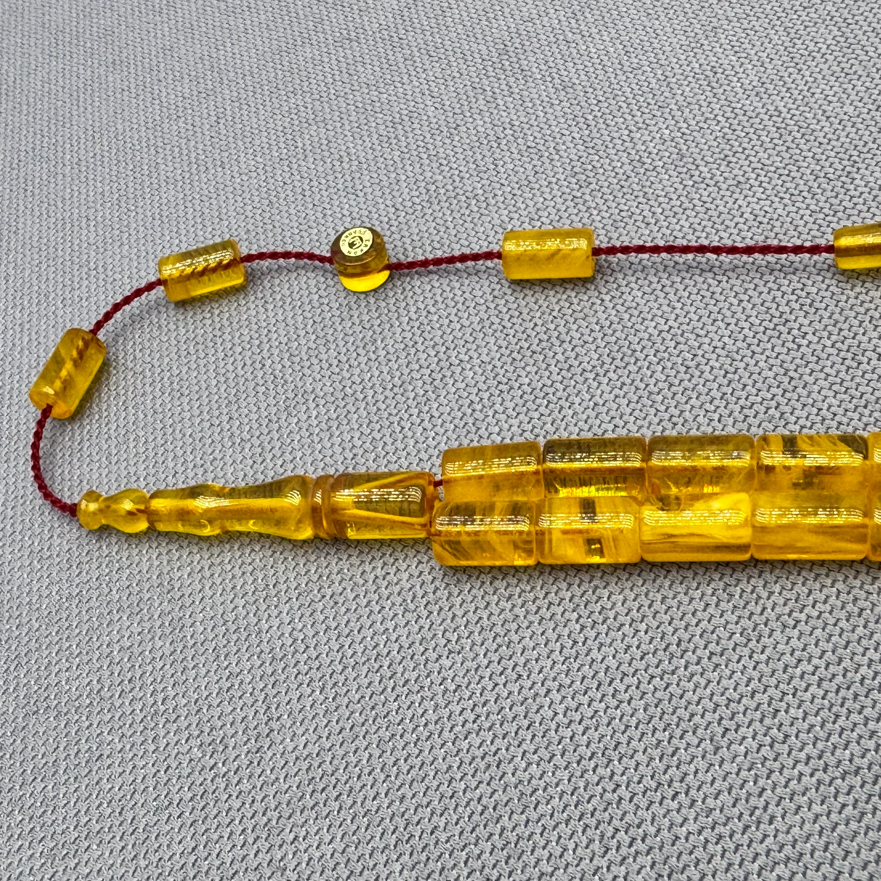 Erkan ÇUBUKÇU Usta İşçilikli Sarı Hareli Kesme Sıkma Kehribar Tespih